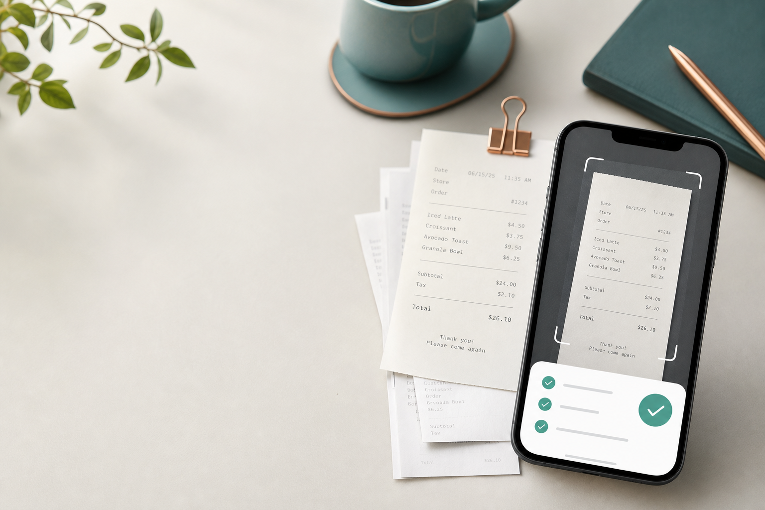 Phone scanning receipts on an organized desk
